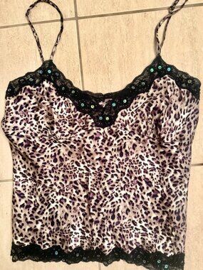 100% Silk Y2K Leopard Print Lace-Trim Cami Top in Purple/Black Sequins